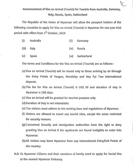Announcement of Visa on Arrival (Tourist) for Tourists from Australia, Germany, Italy, Russia, Spain, Switzerland