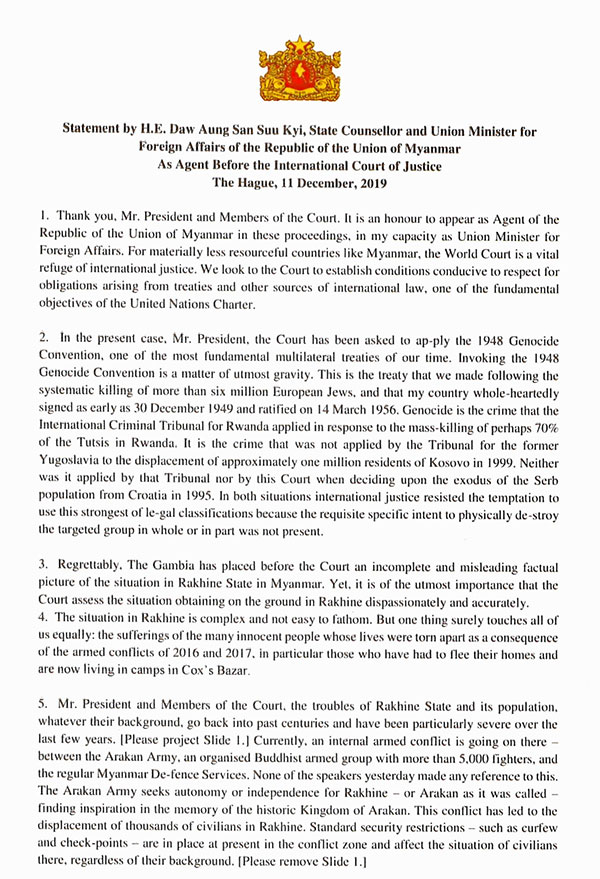 Statement by H.E Daw Aung San Suu Kyi, State Counsellor and Union Minister for Foreign Affairs of the Republic of the Union of Myanamr As Agent Before the International Court of Justice